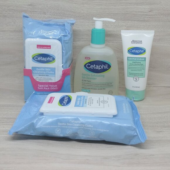 Cetaphil Gentle Cleansing Cloths +Acne Moisturizer +Exfoliating Cleanser Bundle - Picture 1 of 5